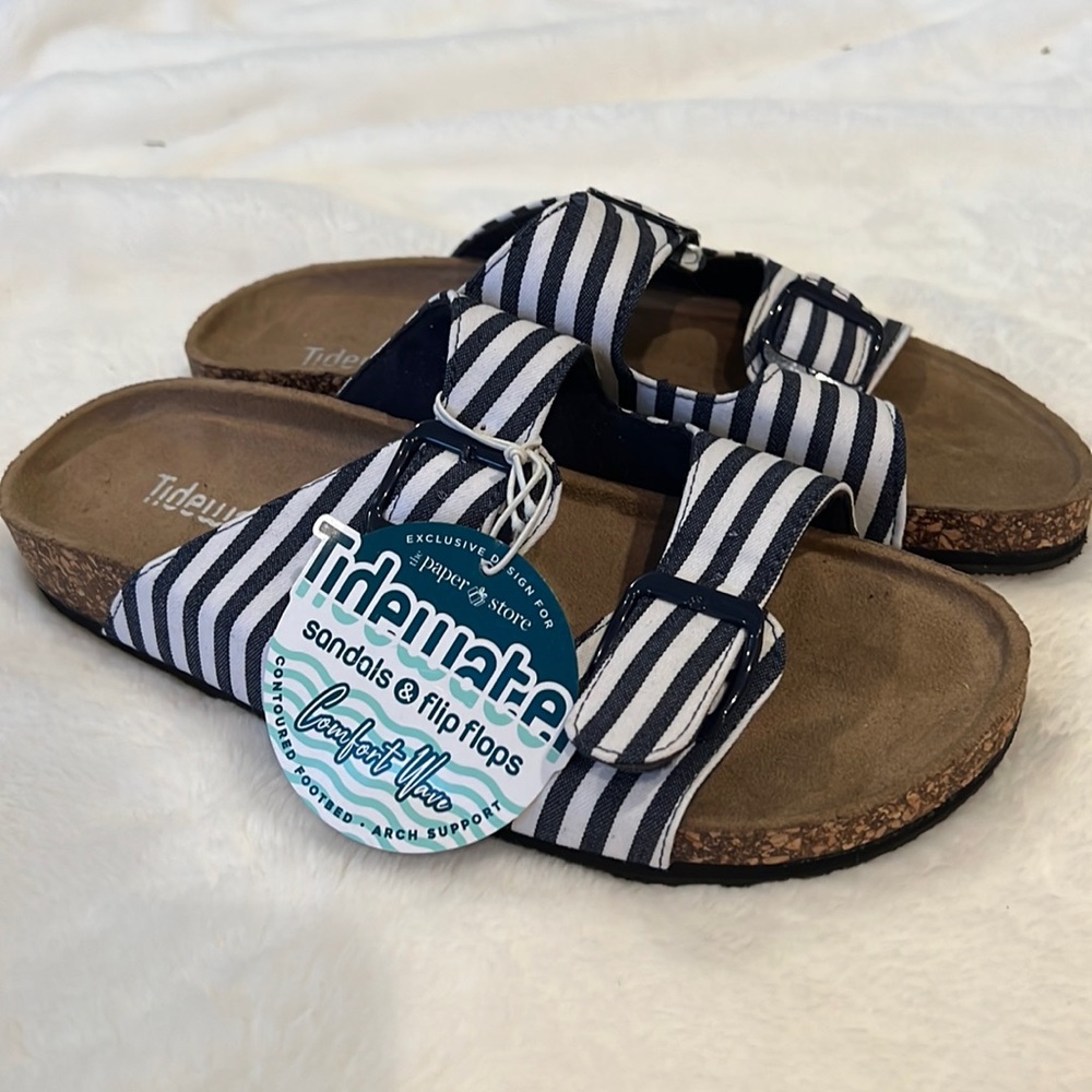 Navy and White Stripped Two Strap Sandals- with faux cork bottom